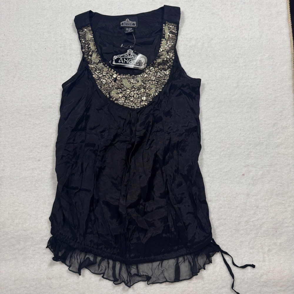 NEW Angie Black Sequin‎ Embellished Ruffle Sleeveless Tank Top Size L Boho Y2K